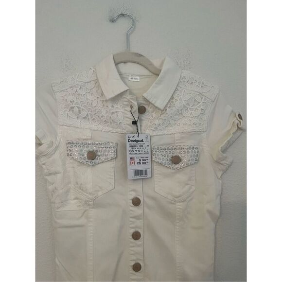 Desigual White Embroidered and Lace Detail Shirt Dress NEW - Picture 2 of 10